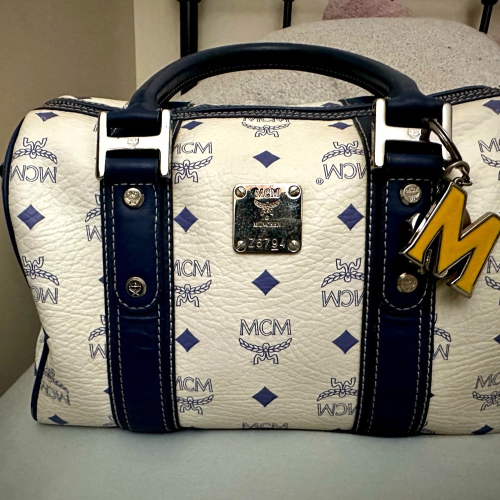 MCM White & Navy Logo Boston Travel Bag with Yellow M Charm